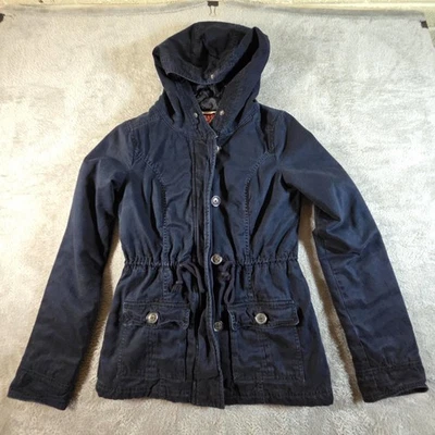 Chaqueta Hollister Mujer Pequeña Azul Marino Con Capucha Utilidad Parka Cordón Cintura Foto 1 de 4
