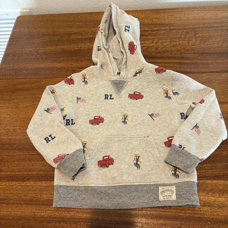 Polo Ralph Lauren Sudadera con Capucha Niños 5 Gris Polo Oso Polar Estampado Completo Camiones EE. UU. Foto 1 de 4