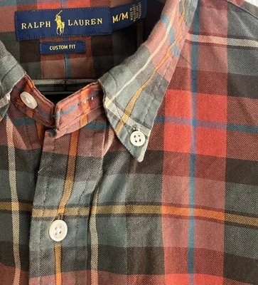 RALPH LAUREN MENS M BUTTON DOWN SHIRT RED ORANGE GREEN PLAID CUSTOM FIT COTTON - Image 1 of 4