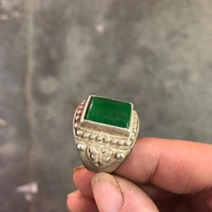 GREEN JADE RING TIBETAN SILVER INLAID MEN'S RETRACTABLE GREEN JADE RING - Picture 1 of 2