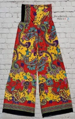 EE. UU. Mujeres J UP PLEGABLES ROJO AMARILLO PAISLEY SEDOSO BOHEMIO PALAZZO PANTALONES S M JUP Foto 1 de 4