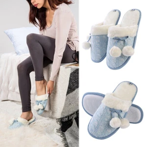 Blue Aerusi Cozy Warm Knit Slippers With Pom Pom Soft Bedroom Shoes Size 6-10 - Picture 1 of 30