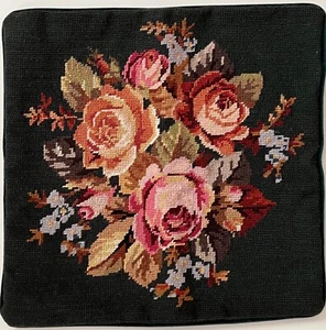 Finished Needlepoint Pillow 16"x16" flower floral roses dark green wool cotton - Picture 1 of 2