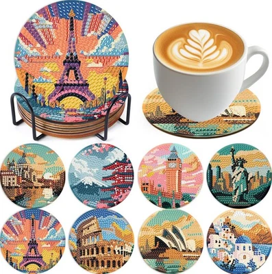 NEGEKFKX 8 Pcs Famous buildings Diamond Art Painting Coasters Kits,Landscape Coaster with