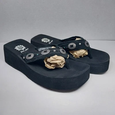 Yellow Box Landis Size 8 Black Leather Platform Thong Western Y2k Style Sandals - Image 1 of 4
