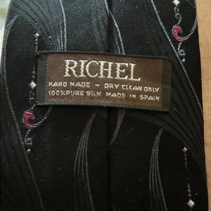 Richel Deluxe 3" Tie Unique Black W Red Swirls Silk Tie Vtg Hand Made Spain - Picture 1 of 5