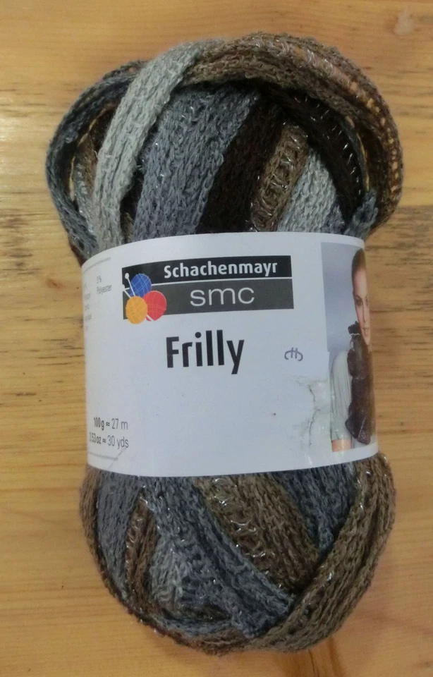 (69,50 €/kg): 100 g Frilly- Rüschengarn imit Glitzer, grau/beige/braun #3261 - Bild 1 von 1