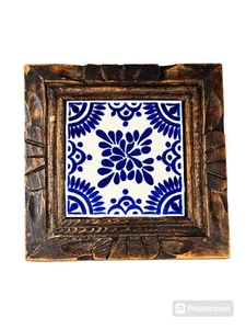 Vintage De-Tile Mexican Blue White Tile Trivet Hand Carved Wood Frame 7.5 in - Picture 1 of 5