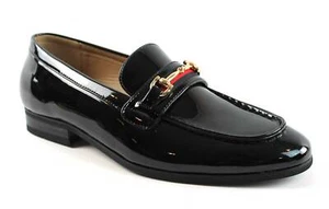 Men's Black Patent Tuxedo Dress Shoes Slip On Loafers Gold Buckle Formal AZAR - Picture 1 of 6