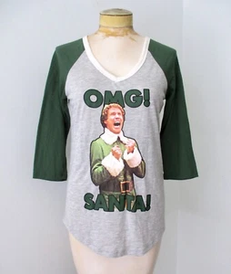 Neu mit Etikett Elf Will Ferrell OMG! SANTA Weihnachten T-Shirt Oberteil grün grau Henley V-Ausschnitt S - Bild 1 von 5