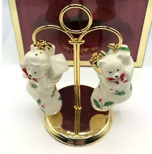 Lenox Holiday Stocking Salt and Pepper Shakers with Stand. Porcelain and Brass. - Picture 1 of 5