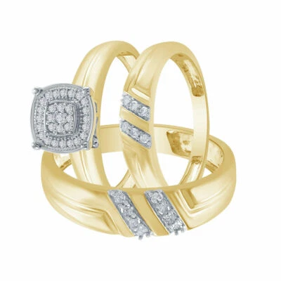 Juego de trío de anillo de compromiso de boda de diamantes reales de corte redondo de 0,29 quilates de oro amarillo de 10 quilates Foto 1 de 4