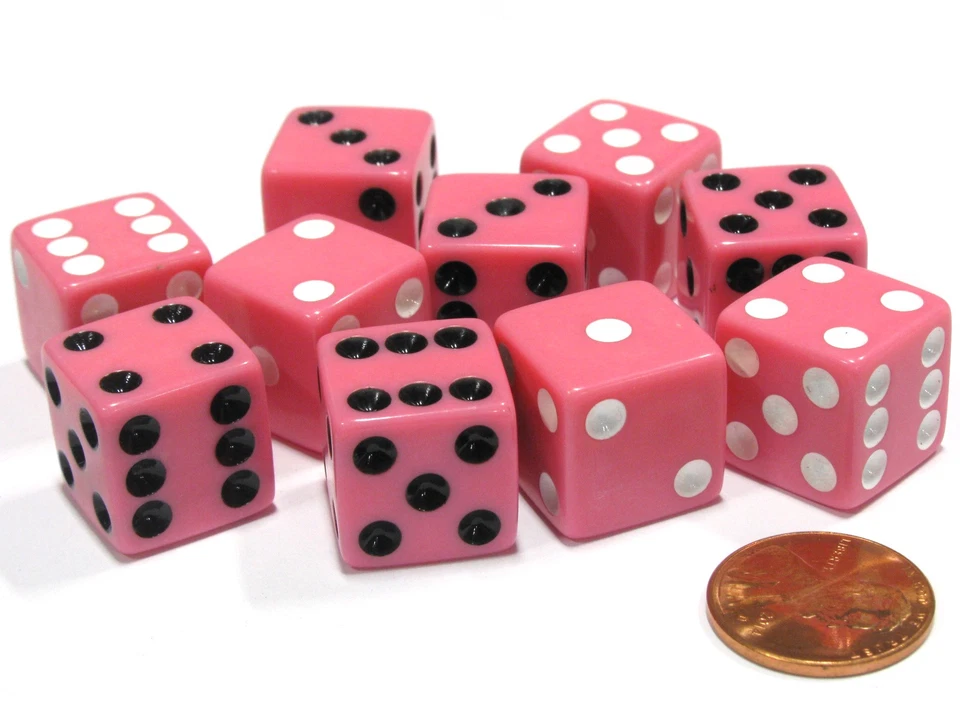 Set of 10 D6 16mm Dice, Inversed Pips- 5 Pink w White Pip and 5 Pink w Black Pip - Image 1 of 1