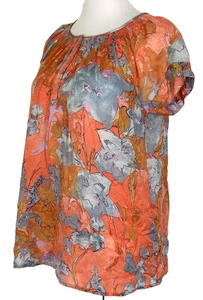 Daisy Fuentes Womens Size L Blouse Floral Coral Short Sleeve Crewneck Classic - Picture 1 of 9