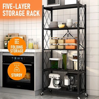 Foldable Shelf Metal Display Rack Wheels Bookcase Storage Capacity 5-Tiers 100kg - image 1 of 4