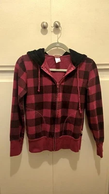 Pink and black plaid zip up fleece lined hoodie Small - Image 1 of 2