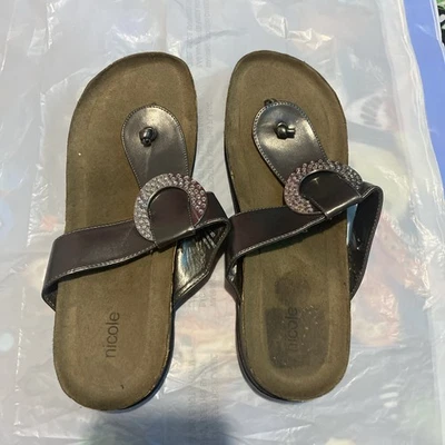 Nicole Silver with Rhinestone Design Slide Thong  Sandals Size 9 - Image 1 of 4