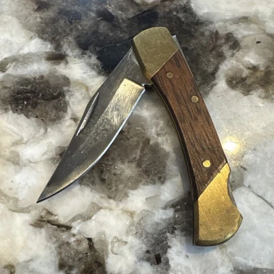 Cuchillo Plegable Vintage Muela España Latón Refuerzos Mango Madera Toledo Foto 1 de 4