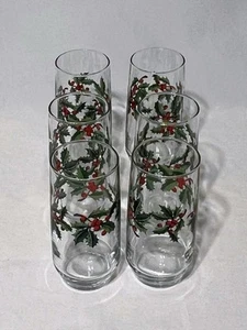 Anchor Hocking 6 Trinkgläser Heritage Holly & Berries Weihnachten 6" Vintage - Bild 1 von 5