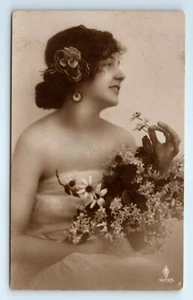 Vintage Postcard RPPC Beautiful Young Woman With Flowers Real Photo - Picture 1 of 2