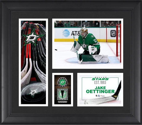Jake Oettinger Dallas Stars FRMD 15" x 17" Collage with a Piece of GU Puck Cover