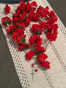 casket decor silk roses flowers long rosary 8’ beads red white cross Handmade - Picture 1 of 7
