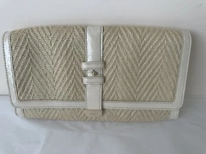 COLE HAAN Natural Straw Gold Patent Leather  Ivory Trim Clutch - Picture 1 of 7