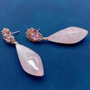 Natural Rose Quartz Gold Plated Stud Dangle Stones Cz Stud Earrings Jewelry - Picture 1 of 6