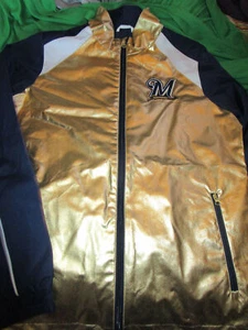 NWT WOMENS MLB MILWAUKEE BREWERS ZIP FRONT WIND JACKET - GOLD/BLUE - MEDIUM - Picture 1 of 3