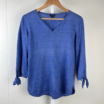 Top suéter tejido Talbots 100 % lino azul atado mangas 3/4 para mujer XS Foto 1 de 4
