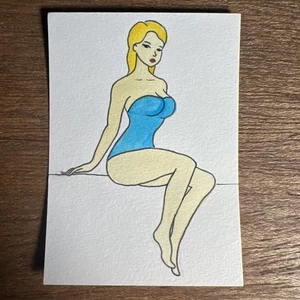 Original ACEO Blond Model Ink Line Art Marker on Paper Signed By Artist #1981 - Picture 1 of 1
