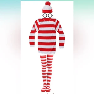 Where’s Waldo Grande Halloween Mujer’s Disfraz Rojo Blanco Rayas Camisa Sombrero Gafas - Imagen 1 de 9