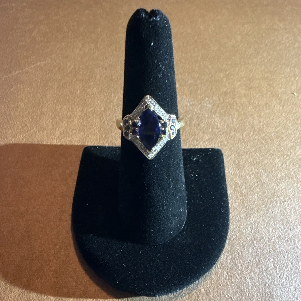 ANILLO ORO AMARILLO 14K IOLITA Y DIAMANTES TALLA 6,5 Foto 1 de 4