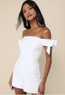 NWT Lulus Ideally Sweet White Off-the-Shoulder Bow Romper​ - Image 1 of 4