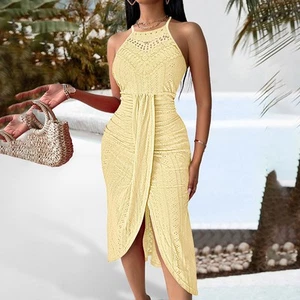 Women's Sexy Halter Neck Ruched Bodycon Midi Dresses Elegant Sleeveless Cocktail - Picture 1 of 11