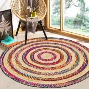 Rug Design Farmhouse Round Jute & Cotton Hand Braided Carpet Living Area Rug - Picture 1 of 5