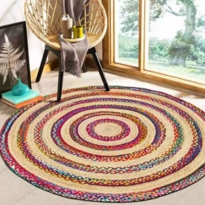 Rug Design Farmhouse Round Jute & Cotton Hand Braided Carpet Living Area Rug - Image 1 of 4