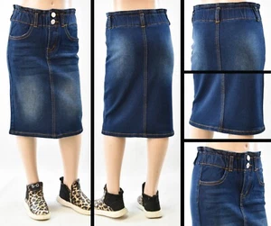 Little Girls Stretch Denim Skirt Calf length dark wash elastic waist #RK-79100 - Picture 1 of 1