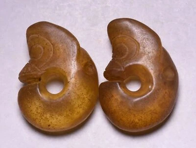 7CM China Hongshan Culture Yellow Crystal Carve Double Pig Dragon Amulet Pendant - Image 1 of 4