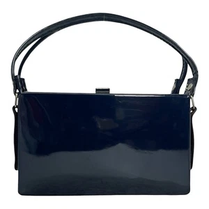 Vintage 50s 60s Small Patent Leather Box Bag Handbag Satchel Retro NAVY BLUE NOS - Picture 1 of 20