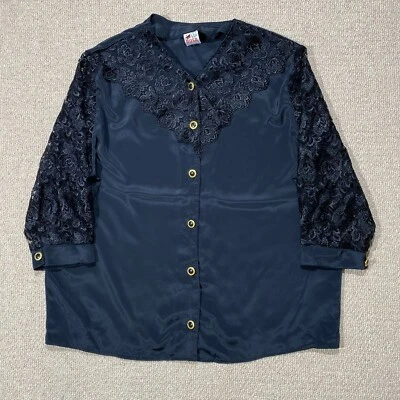 VINTAGE Lace Satin Blouse Womens Large 16 18 Black Sheer Long Sleeve Gold 1970s - Image 1 of 4