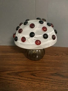 Polkadot￼￼ Glass Mushroom Ornament Statue handmade Out/in Garden Desk Art Red/bk - Picture 1 of 3
