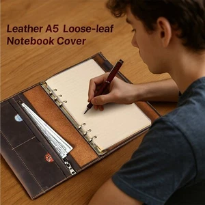 Handmade Leather A5 Loose leaf Notebook Case Protective Cover + Pen Holder - Picture 1 of 8