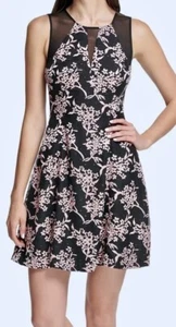 GUESS Illusion Trim Floral Print Black Pink Fit & Flare Dress NEW Womens Sz 4 - Picture 1 of 9