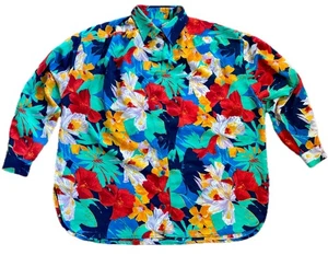 Vibrant Floral Blouse Button Front Top Fits L XL Retro Buttons Colorful Tropical - Picture 1 of 5