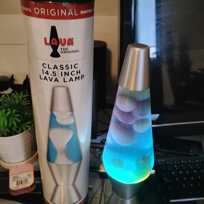 Original Brand LAVA LAMP  Blue Purple Green VGC Silver Base W/Box Nice!  - Image 1 of 4