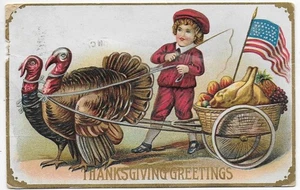 ( 8443 ) Old Patriotic Thanksgiving Postcard Turkeys Pull Wagon with Feast - Imagen 1 de 1