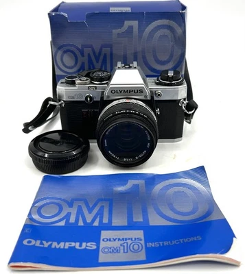 Olympus OM10 Black/Silver 35mm Camera w/ 50mm Lens, Box, Manual - READ - Image 1 of 4