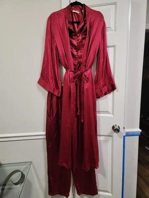 Conjunto de pijama Valerie Steven de 3 piezas 100 % seda bata completa/pantalón top satinado M ropa de salón Foto 1 de 4