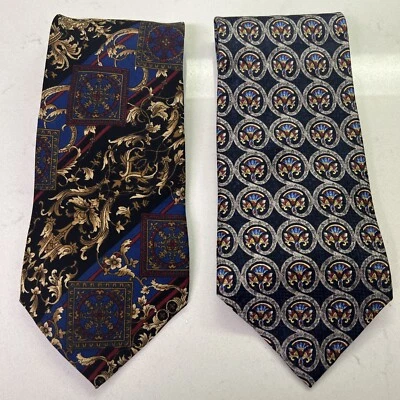 Lote de 2 corbatas para hombre del Museo Metropolitano de Arte 100 % seda azul marino dorado rollos rojos Foto 1 de 4